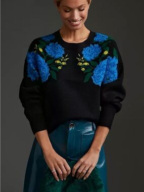 Maeve Black Crewneck Sweater with Blue Floral Yoke